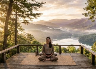 Mindfulness Meditation for Anxiety: A Complete Science-Based Guide Person meditating peacefully on a wooden deck overlooking misty mountains at sunrise