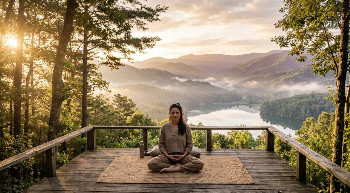 Mindfulness Meditation for Anxiety: A Complete Science-Based Guide Person meditating peacefully on a wooden deck overlooking misty mountains at sunrise