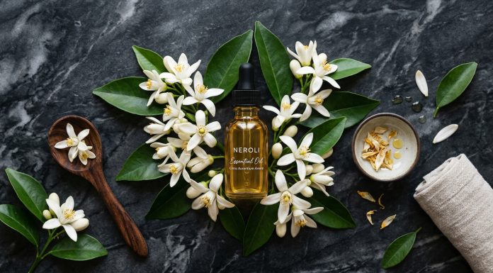 Neroli Essential Oil: 10 Proven Benefits for Skin, Mood and Wellbeing Neroli essential oil bottle surrounded by fresh white orange blossoms on dark marble