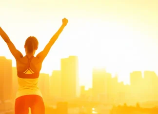 Simple Morning Workout you can do at Home Athletic woman celebrating completed morning workout at sunrise