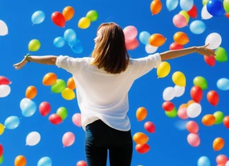 100 Positive Thinking Exercises Joyful woman with open arms embracing positive thinking with colorful balloons drifting into blue sky