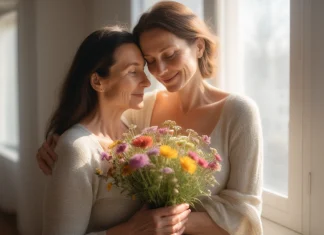 Treat Others As How You Want To Be Treated Mother and daughter sharing a loving embrace with hand-picked wildflowers