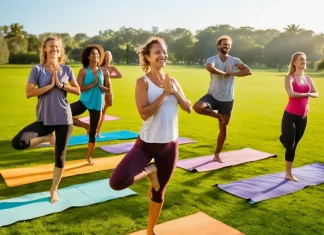 Staying Fit With Workouts That Are Gentle On Your Joints Group of active adults practicing gentle yoga tree pose on grass for joint health and flexibility