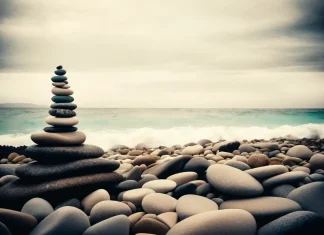 12 Amazing Quotes From Zen Masters That Will Help You to Stop Overthinking Everything Balanced stone cairn rock stack on pebble beach overlooking ocean waves symbolizing mindfulness and mental peace