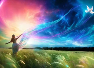 What Kind Of Empath Are You? Figure standing in meadow with flowing colorful energy aura connecting to the cosmos