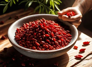 Powerful Health Benefits of Goji Berries Fresh and dried organic red goji berries overflowing from ceramic bowl on rustic wood surface