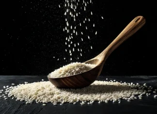 8 Alternatives To Avoid Rice Raw rice grains showering down onto dark slate surface beside rustic wooden spoon