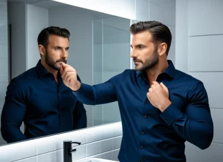 Signs Your Boyfriend’s Ego Is Killing Your Relationship Man in navy collared shirt inspecting his reflection in mirror showing self-absorbed ego