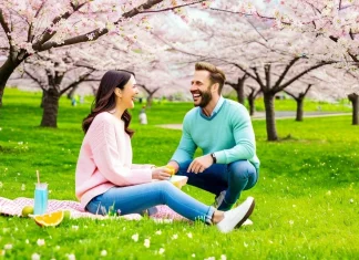 Great Spring Activities That Will Make You Feel Young Young couple in spring sweaters enjoying a picnic under blooming cherry blossom trees