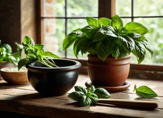 Medicinal Uses and Health Benefits of Basil Potted fresh organic sweet green basil plant with ceramic mortar and pestle on wood table