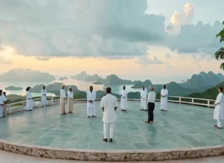 Things That You Need To Know Before You Go On A Meditation Retreat Group of practitioners in white linen on stone terrace overlooking misty mountain bay