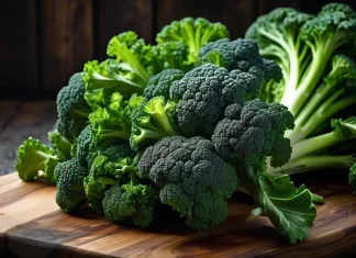 Which is healthier: Brocolli or Kale? Fresh organic broccoli florets and crisp curly kale arranged on a wooden board