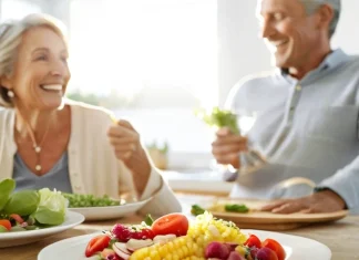 Women In Menopause: Foods That Support Your Wellness Mature smiling woman in cozy sweater enjoying nutritious Mediterranean meal in kitchen