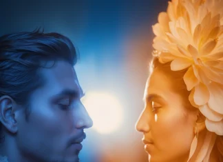 Find the Balance Between Your Feminine and Masculine Energy Harmonious balance between masculine and feminine energy represented by dual serene faces in profile with celestial lighting