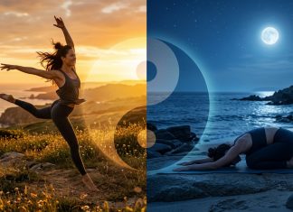Yin and Yang Energy Balance: How to Tell When You Are Out of Alignment Split composition showing yang energy active dancer in golden sunlight and yin energy woman in child's pose under moonlight with yin-yang symbol