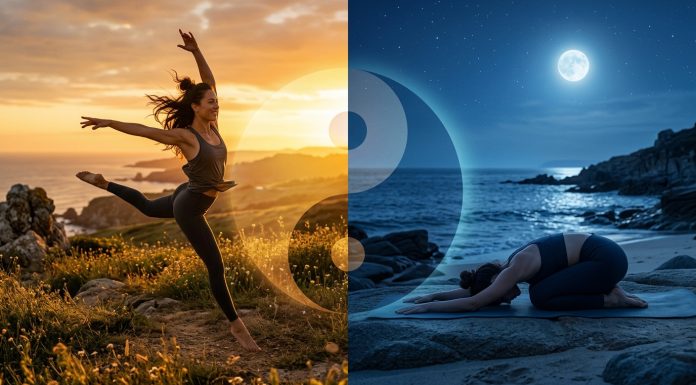 Yin and Yang Energy Balance: How to Tell When You Are Out of Alignment Split composition showing yang energy active dancer in golden sunlight and yin energy woman in child's pose under moonlight with yin-yang symbol