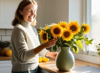 Behaviors That You Must Acquire To Boost Your Happiness Happy individual arranging fresh flowers in bright sunny kitchen