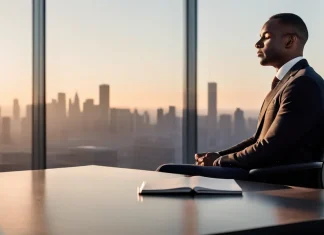 10 Meditation Tips for Ambitious People Professional taking a focused mindfulness pause at high-rise office desk