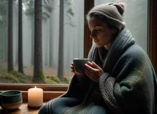 Heavy Thoughts: How to Lift Yourself Up Without Forcing Them Away Person holding warm mug by rain-streaked window finding peace with heavy thoughts