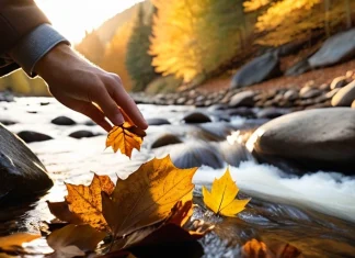 Amazing Steps That Lead to Forgiveness Person letting autumn leaves drift away in gentle stream symbolizing forgiveness