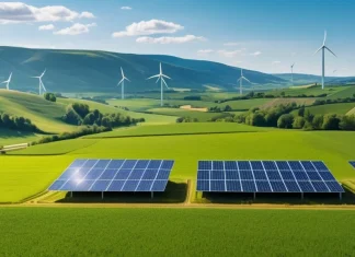 What Can You Do About Climate Change? Solar panels and clean wind turbines integrated into rolling green countryside