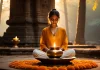 181 Yoga Quotes from the Masters Ancient stone pavilion with glowing oil lamp and flowers at sunrise
