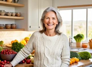 17 Key Nutrients For Women Age 50 And Older Healthy vibrant mature woman smiling in sunlit kitchen with nutrient-rich foods