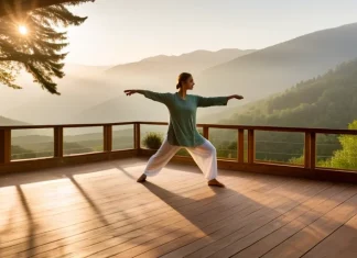 The Art of Living: How to Align Your Day With Your Body’s Natural Rhythms Person practicing mindful sunrise movement on wooden deck in mountain mist