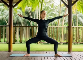 Empowering Yoga For Women Graceful woman practicing balanced Tree Pose on sunlit garden terrace