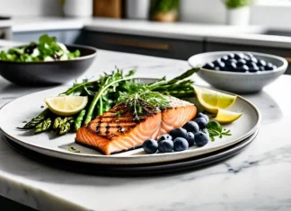 Best and Worst Foods For Diabetics Low-glycemic meal spread featuring wild salmon, leafy greens, and avocado