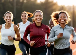 How Women’s Sport Can Conquer Body Image Diverse group of smiling women athletes running together on track at sunrise embracing positive body image