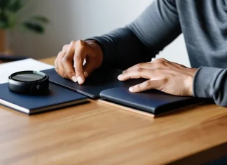 How Hard Are You Pushing Yourself Toward Your Health Goals? Person checking smartwatch fitness data and workout journal at desk in morning light