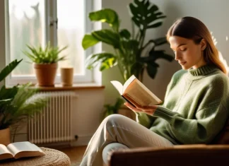 5 Secrets To A Stress Free And Happy Life Person reading book in armchair surrounded by plants in peaceful sunlit living room