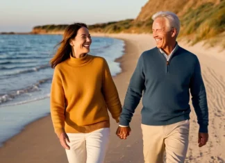 5 Secrets Behind Couples Who Stay Together Forever Mature couple holding hands and walking along beach trail at golden sunset