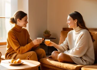 Support A Friend Through Difficult Times Two friends sitting together having a supportive empathetic conversation over tea