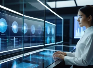 Technology Trends Prediction For 2022 Modern tech researcher interacting with futuristic holographic digital data interface