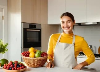 How Giving Up Sugar Will Change Your Life Healthy smiling person in bright kitchen surrounded by fresh fruits and water