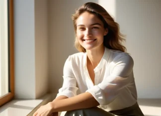 Love Yourself Serene woman sitting peacefully by sunny window radiating self-love and calm