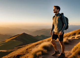 A Lesson About Power Trail runner standing atop steep scenic mountain ridge overlooking hills at dawn