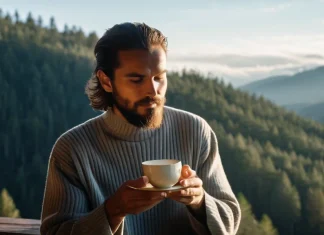 Live From Gratitude: How Appreciation Becomes a Way of Seeing Mindful individual holding warm teacup on sunny balcony overlooking mountain mist