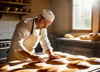 A Tribute To A Baker Master baker dusting flour over golden artisan bread in warm sunlit bakery