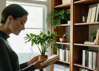 8 ways to move through your clutter from the inside out Person organizing minimalist clean wooden shelf in sunlit airy living room