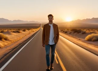 This Is Where My Car Broke Down Traveler standing beside scenic highway overlooking golden desert hills at dawn