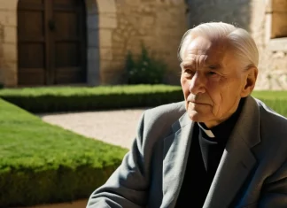 This Too Shall Pass Wise elder seated peacefully in sunny historic courtyard embodying equanimity