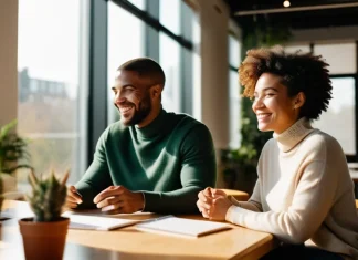Don’t be an Eeyore! Tips for staying POSITIVE at work Modern collaborative office with smiling professionals in modest attire engaged in creative discussion