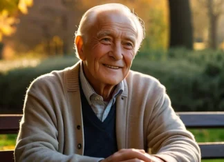 Advice from an 80 year old man Wise smiling elderly man sitting in autumn garden with warm expression representing life lessons