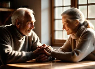 What does love mean? Elderly couple holding hands tenderly across kitchen table showing lifelong companionship and love