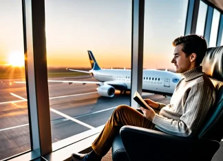 The Cookie Thief Traveler reading a book in modern airport terminal lounge with airplanes outside at sunrise