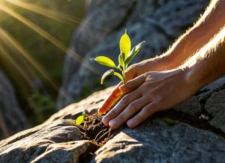 Dealing With Adversity Resilient green plant sprout growing through stone crack in morning sunlight symbol of resilience