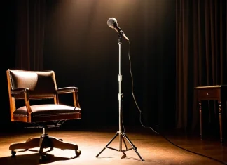 “Life With Woody” 10 inspirational quotes than can improve yourself Vintage director chair and microphone on illuminated theater stage under warm spotlight